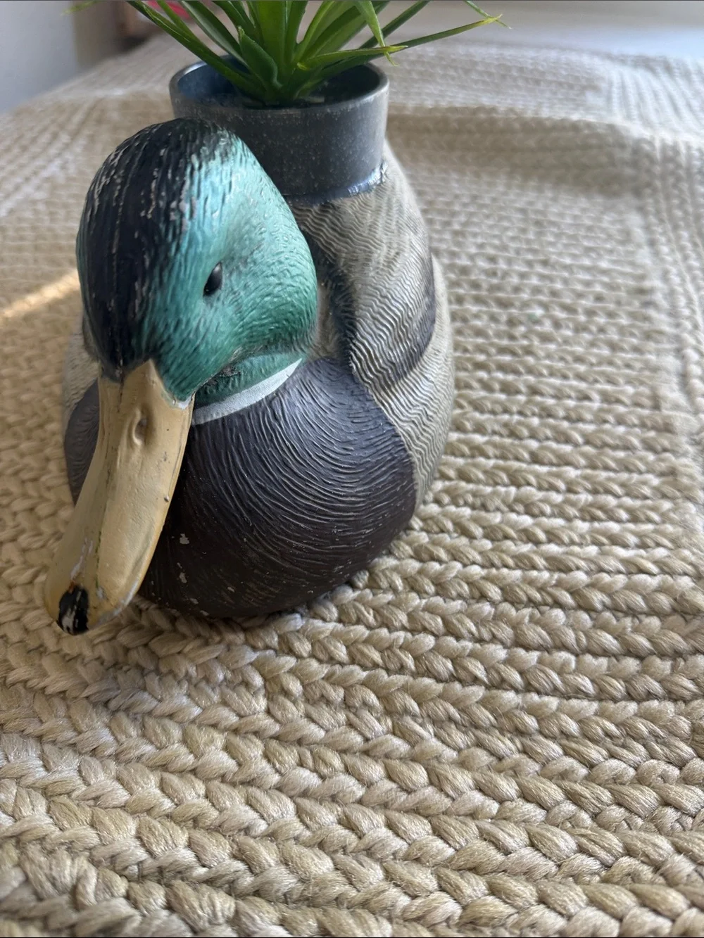 Decorative Duck Planter with Green Head and Faux Grass